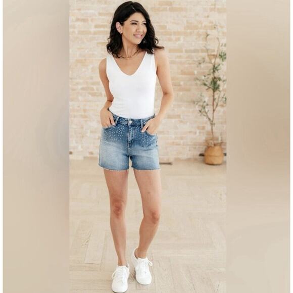 NWT Judy Blue Jean Shorts Women Small High Waist Rhinestone Cut Offs Festival - Picture 2 of 16